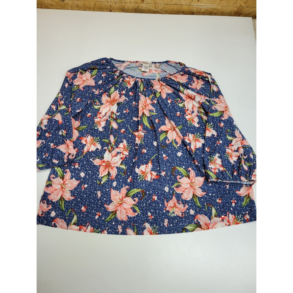 Rebecca Malone Woman 2X Plus Floral Blouse Navy Pink Rhinestone 3/4 Sleeve Top